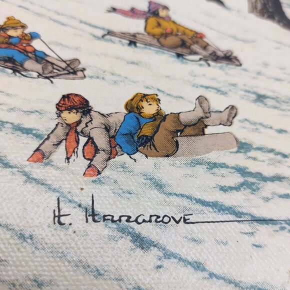 Vintage H. Hargrove Winter Scene Print – Sledding Children – Rustic Wood Frame 1 - Picture 4 of 6
